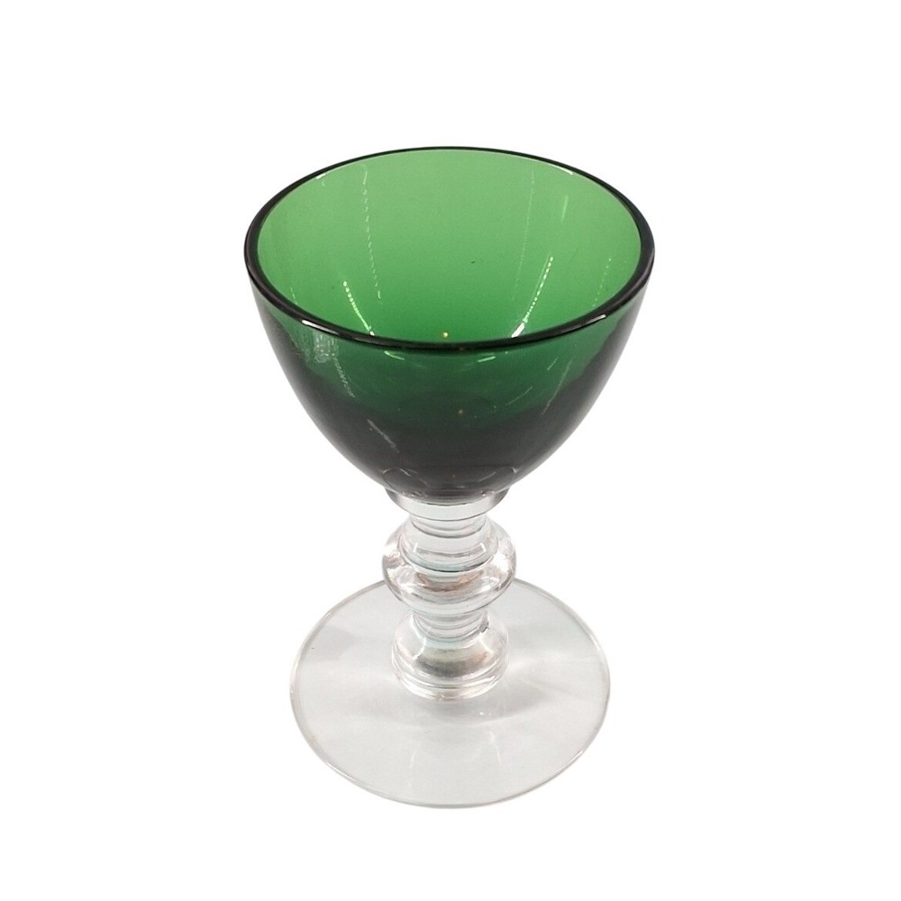 Vintage Forest Green Clear Wafer Stem Cordial Liqueur Glass MCM 3.25"